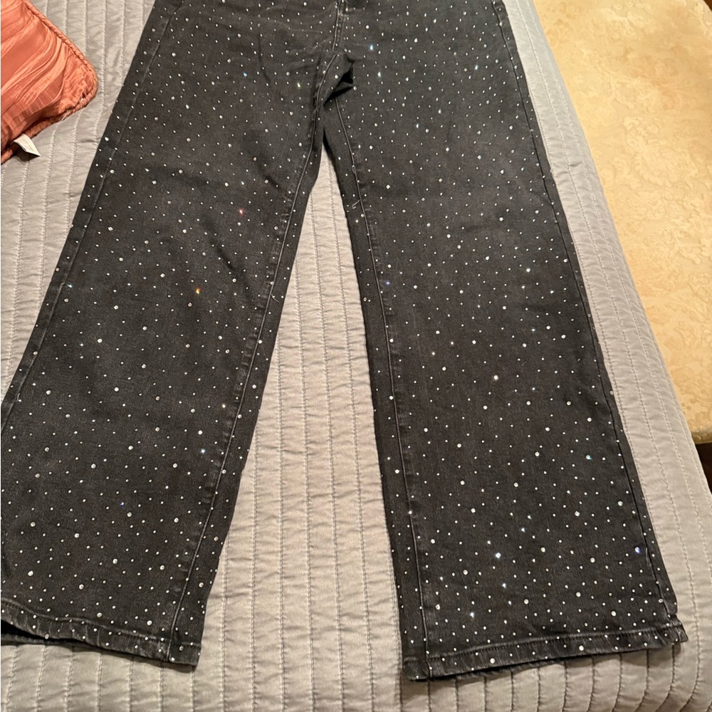 Black Denim Pants with Rhinestone Accents